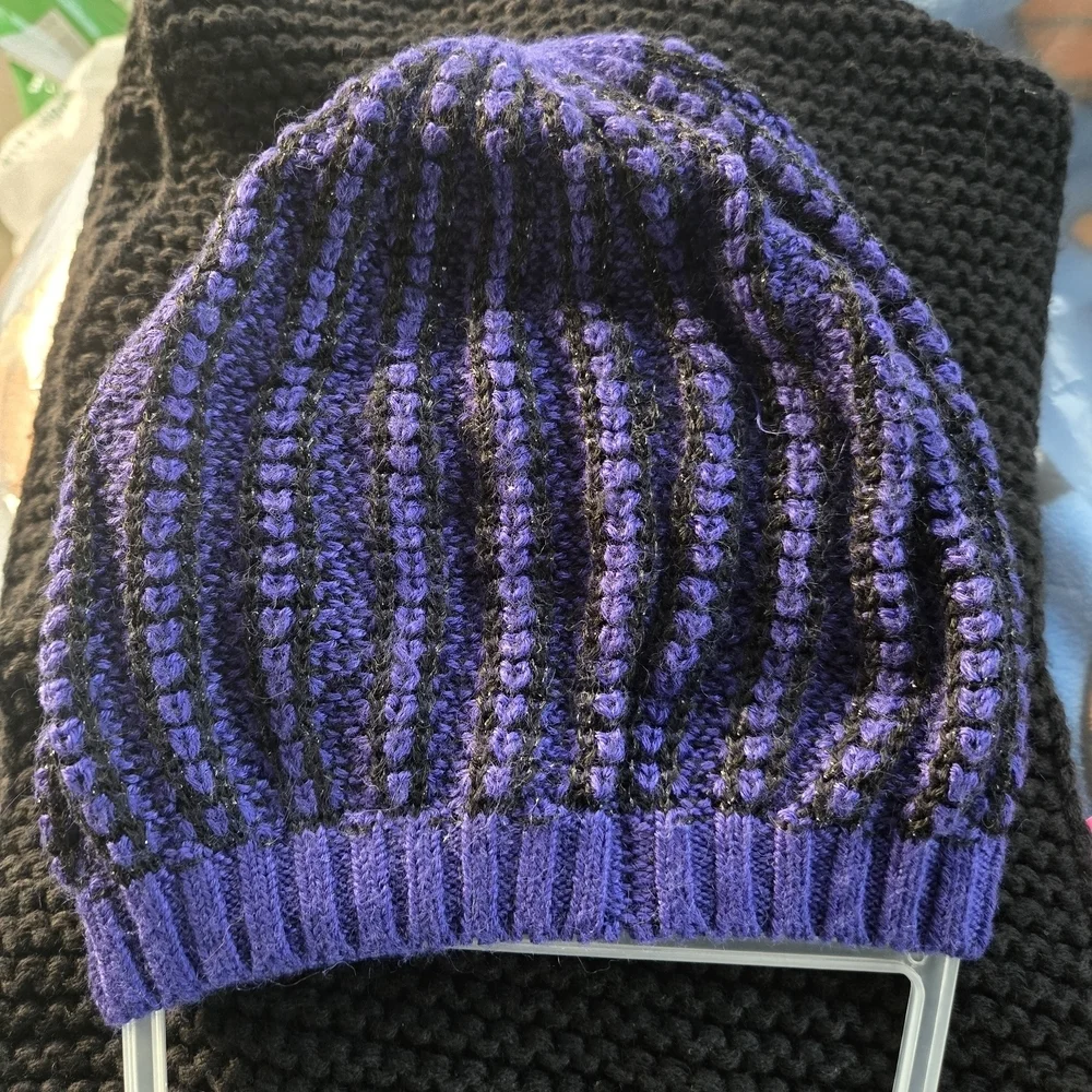 Calvin Klein Black and Purple Knit Hat